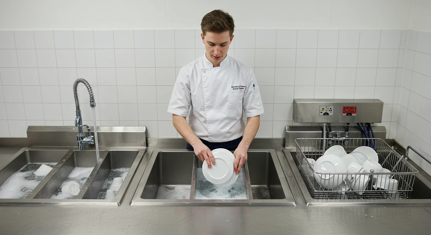 How to wash tableware in a three-compartment sink
